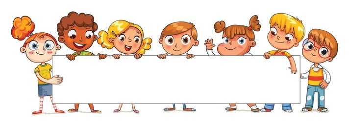 kids are holding a big poster. happy children holding blank poster. template for advertising brochure. ready for your message. space for text. funny cartoon character. isolated on white background