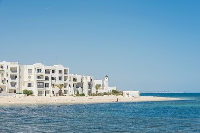 sandy beach of the resort sousse. tunisia, the port of el kantaoui. mediterranean sea.