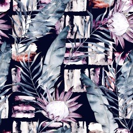 abstract print with marble random elements and watercolor leaves, flowers. exotic pattern in retro style. hand drawn illustration