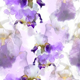 flowering irises seamless pattern. abstract watercolor and photo picture. mixed media artwork for textiles, fabrics, souvenirs, packaging and greeting cards. 