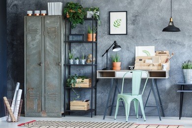 industrial study room with metal wardrobe, rack and desk