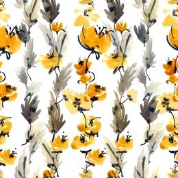 watercolor and ink illustration of yellow flowers with leaves. sumi-e, u-sin painting. seamless pattern.