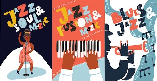 vector colorful set of poster with hand drawn illustration with singer and hand drawn lettering jazz, soul, fusion, music live. singer, piano, trumpet players