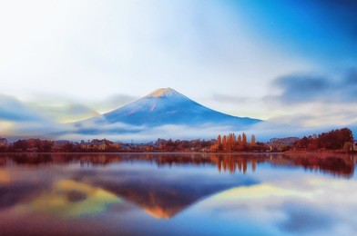 mt fuji in the early morning with reflection on the lake kawaguchiko