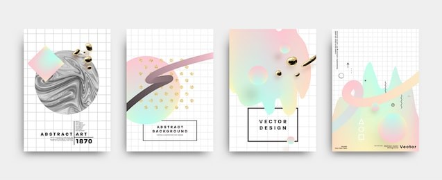 set of memphis style backgrounds with marble textures, golden glitters and geometric patterns. 80s retro minimalistic style vector illustrations for posters, placards, banners, covers and brochures.