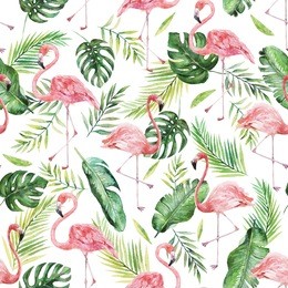 green palm leaves and flamingo on the white background. watercolor hand painted seamless pattern. tropical illustration. jungle foliage.