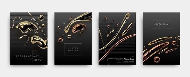 covers templates set with liquid golden shapes. flowing bronze bubbles for posters, placards, presentations, banners and flyers. vector illustrations.