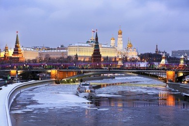 winter view of moscow river and kremlin embankment at the night