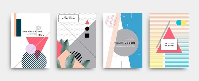 placards set with abstract shapes with palm leaves, 80s memphis geometric style flat and 3d design elements. retro art for covers, banners, flyers and posters. eps10 vector illustrations.