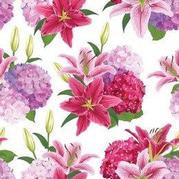 seamless pattern with colorful lilies flower and hydrangea on white background. vector set of blooming floral for wedding invitations and greeting card design.