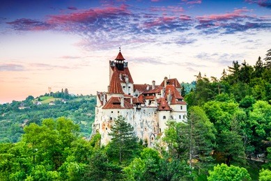 bran castle, romania. stunning hdr twilight image of dracula fortress in transylvania, medieval landmark.