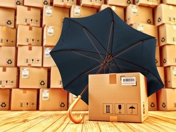 freight cargo protection and package safety assurance concept, cardboard box with barcode under umbrella in the parcel warehouse, 3d illustration