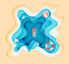 woman lay down on the ocean with beautiful beach  background paper art layer style vector illustration