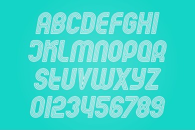 inclined circuit alphabet letters and numbers. vector, italic font type. oblique typeface design. contemporary, thin line typesetting