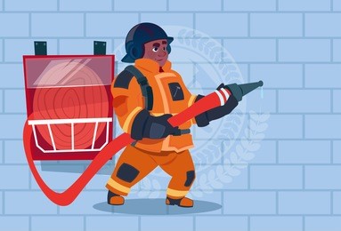 african american fireman hear alarm wearing uniform hold helmet ready fire fighter stand over brick background flat vector illustration