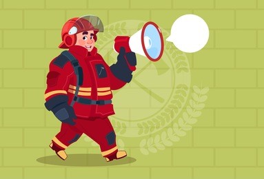 fireman speaking in megaphone wear uniform and helmet adult fire fighter over brick background flat vector illustration