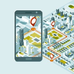 city isometric plan with road and buildings on smart phone. map on mobile application. 3d vector illustration.