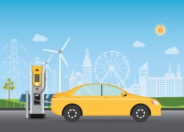 electric cars charging at the charger station, the solar panels and wind turbines on city building skyline background,eco green city theme conceptual vector illustration.