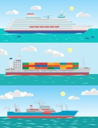 vector flat ocean cruise liner and cargo ships illustration set. ships go in see landscape. vacation and delivery banners design. travel and delivery company placard collection. ship icon.