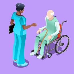 black female nurse and patient sitting in wheelchair, vector image