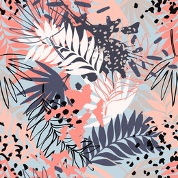 abstract exotic leaves seamless pattern. hand drawn tropical summer background: leaf contours, silhouette, splash, splatters, dots. vector art illustration in vivid colors
