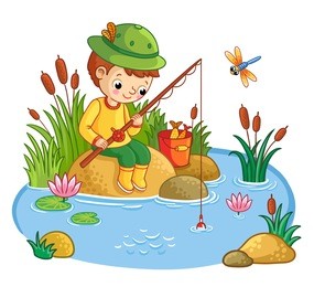 the boy sits on a rock and catches fish in a pond.  fisherman. vector illustration of a cartoon style with nature.