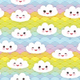 kawaii funny white clouds set, muzzle with pink cheeks and winking eyes. seamless pattern on rainbow red orange yellow green blue violet pink japanese wave background. vector