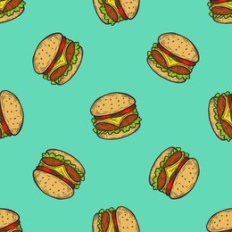 burger, hamburger, cheeseburger fast food seamless pattern. junk food on green