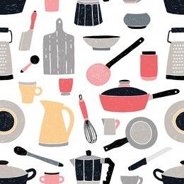 kitchenware seamless pattern. stylized hand drawn doodle dishes. colorful vector illustration.
