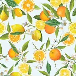 orange and lemon seamless tropical pattern in vector. illustration of flowers, leaves and fruits.