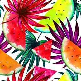 natural pattern with tropical yellow, red, orange slices of watermelon and palm tree leaves. watercolor summer background for hawaiian party. floral seamless texture for invitation, wallpaper, banner