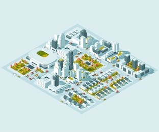 vector isometric info graphic city streets with different buildings, houses, shops and skyscrapers. transport and people. low poly style.