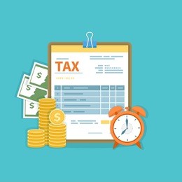 tax payment concept. government, state taxes. financial calculation, debt. tax form, cash, gold coins, alarm clock. payday icon. vector illustration.