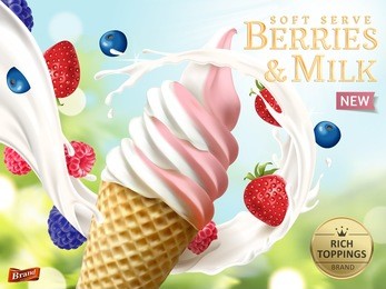 berries and milk soft serve ads, refreshing fruit ice cream ads template with flowing milk and fruits isolated on bokeh background in 3d illustration