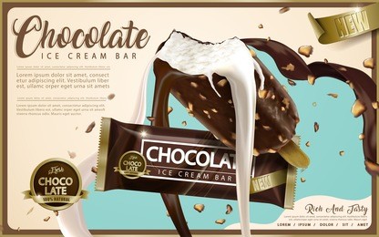 crunchy ice bar with premium chocolate and milk sauce pouring down and flying nuts isolated on flat style background in 3d illustration
