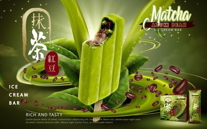 matcha azuki bean ice cream bar ads, delicious matcha ice bar with red bean paste filling in 3d illustration, matcha and red bean in chinese word on the left side and package
