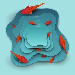 paper cut cartoon red fish on water in polygonal trendy craft style. modern origami design. world environment day concept greeting card, banner. vector illustration.