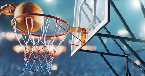 basketball hoop in a professional basketball arena. 