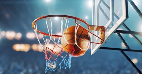 basketball hoop in a professional basketball arena. 