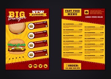 fast food menu brochure design vector template in a4 size. flyer, baner and layout design. food concept.
