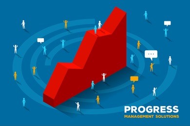 vector creative illustration of large isometric red graph growth up and business people. successful growth concept on blue background. stylish design for business presentation, poster, banner, web