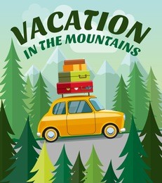 drive by car to the mountains. trip by car to the mountains on vacation. travel by car. travel and tourism. holidays and vacation. vector illustration eps10 file