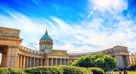 kazan cathedral or cathedral of our lady of kazan in sunny day, saint petersburg, russia