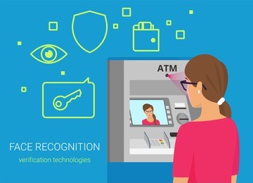 face recognition and atm identification. flat vector illustration of woman getting access to atm by face recognition technology. young woman wearing glasses standing near bankomat with face on screen