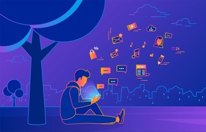 young man sitting in the park under a tree and texting messages using smartphone. gradient line vector illustration of social networking, searching news, sending email and texting to friends