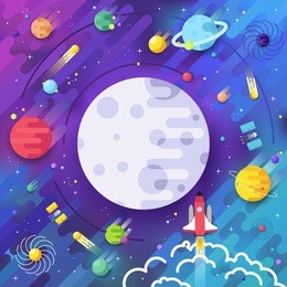 set of huge universe infographic illustration. outer space rocket flying up into the solar system with a lot of planets background. vector thin lines icons stars in galaxy design concept. 