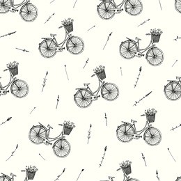 vector illustration. bicycles with basket and lavender flowers. vector seamless pattern.
