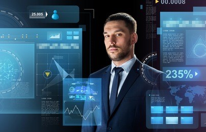 business, people and technology concept - businessman in suit over black background with virtual screens