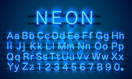 neon city color blue font. english alphabet and numbers sign. vector illustration