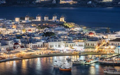 view of the famous windmills of mykonos by night